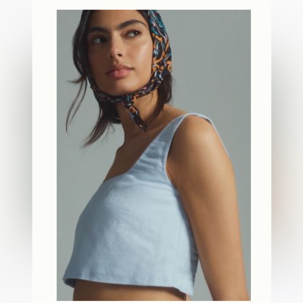 New ANTHROPOLOGIE Blue Square Neck Cut Out Back Linen Crop Top Size 10